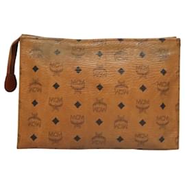 MCM-MCM Vicetos Logogram Sac à Main Clutch en PVC Cuir Marron Or Auth th5879-Marron,Doré