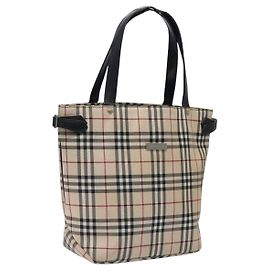 BURBERRY Nova Check Blue Label Tote Bag Canvas Beige Silver Auth 119986 Silvery Beige