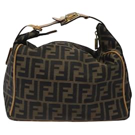 Fendi-Pochette de vanité en toile Zucca FENDI noire marron or Auth bs24461-Marron,Noir,Doré