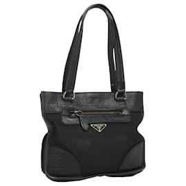 Prada-PRADA Sac à main en nylon cuir noir or Auth 120394-Noir,Doré