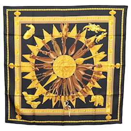 Hermès-Écharpe HERMES Carré 90 ""CUILLERS D'AFRIQUE"" Soie Noir Jaune Auth BA1230-Noir,Jaune