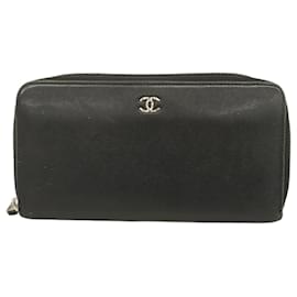 Chanel-Portefeuille Long Chanel en Cuir de Veau Grainé Noir-Noir