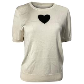 Carolina Herrera- Carolina Herrera Knitted Heart Short Sleeve Top in White Wool-White,Cream