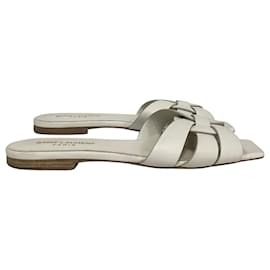 Saint Laurent- Saint Laurent Tribute Slide Flats in White Leather-White,Cream