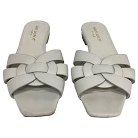 Saint Laurent- Saint Laurent Tribute Slide Flats in White Leather-White,Cream