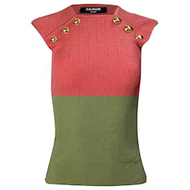 Balmain- Balmain Knitted Embellished Tank Top in Coral Viscose-Orange,Coral