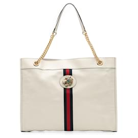 Gucci-Gucci White Large Web Leather Rajah Tote-White