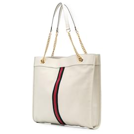 Gucci-Gucci White Large Web Leather Rajah Tote-White