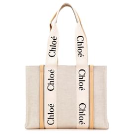 Chloé-Chloé Brown Medium Canvas Woody Tote-Brown,Beige
