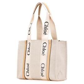 Chloé-Chloé Brown Medium Canvas Woody Tote-Brown,Beige