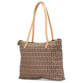 Fendi-Fendi Brown Zucchino Canvas Tote-Brown,Beige
