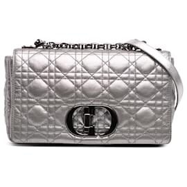 Dior-Dior Silver Medium Metallic Calfskin Cannage Supple Caro Bag-Silvery
