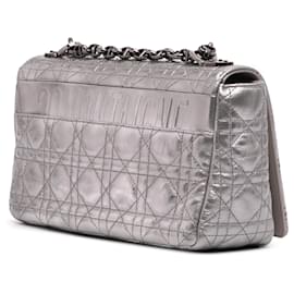 Dior-Dior Silver Medium Metallic Calfskin Cannage Supple Caro Bag-Silvery