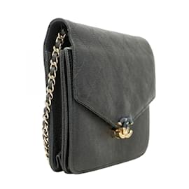Chanel-Chanel Black Grained Calfskin Shoulder Wallet-Black