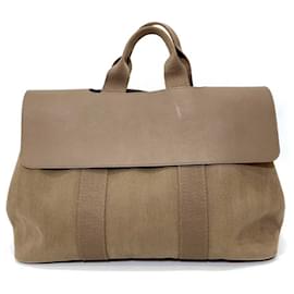 Hermès-Hermes Valparaiso MM Canvas Leather Tote Bag-Brown,Beige