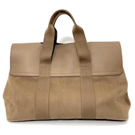 Hermès-Hermes Valparaiso MM Canvas Leather Tote Bag-Brown,Beige
