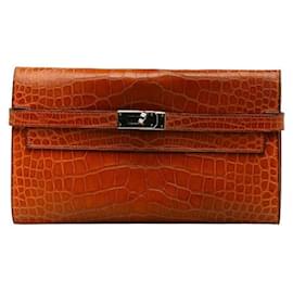 Hermès-Hermes Kelly Wallet Long Orange Alligator-Orange