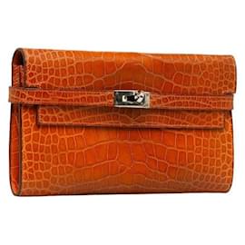 Hermès-Hermes Kelly Wallet Long Orange Alligator-Orange