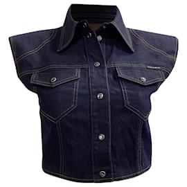 Dolce & Gabbana- Dolce & Gabbana Cropped Vest Top in Blue Cotton Denim-Blue
