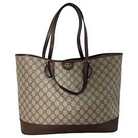 Gucci- Gucci Medium Ophidia GG Tote Bag in Brown Coated Canvas-Brown,Red
