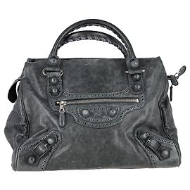 Balenciaga Giant Motocross Brogue Handbag in Grey Leather Grey