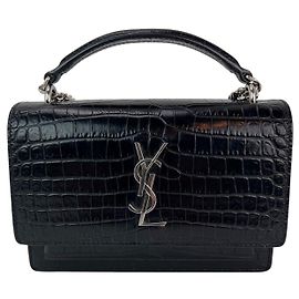 Yves Saint Laurent Cartera de cadena de cuero negro Saint Laurent Sunset con estampado de cocodrilo Negro