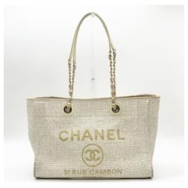 Chanel-Chanel Chain Deauville MM Tweed Tote Bag-Beige