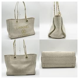 Chanel-Chanel Chain Deauville MM Tweed Tote Bag-Beige