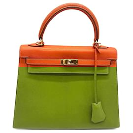 Hermès-Hermes Kelly 25 Handbag in Orange Chevre Leather-Orange