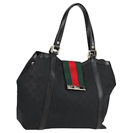 Gucci-GUCCI GG Canvas Web Sherry Line Tote Bag Black Red Green 233607 Auth am8203A-Black,Red,Green