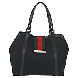 Gucci-GUCCI GG Canvas Web Sherry Line Tote Bag Black Red Green 233607 Auth am8203A-Black,Red,Green