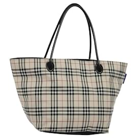 Burberry-BURBERRY Nova Check Blue Label Tote Bag Nylon Beige Silver Auth kk483-Silvery,Beige