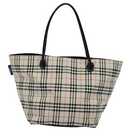 Burberry-BURBERRY Nova Check Blue Label Tote Bag Nylon Beige Silver Auth kk483-Silvery,Beige