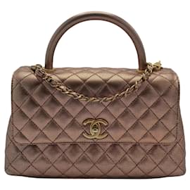 Chanel-Chanel 19A Medium Metallic Rose Gold Copper Caviar Quilted Timeless Coco Handle Flap Bag-Golden,Bronze