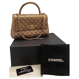Chanel-Chanel 19A Medium Metallic Rose Gold Copper Caviar Quilted Timeless Coco Handle Flap Bag-Golden,Bronze
