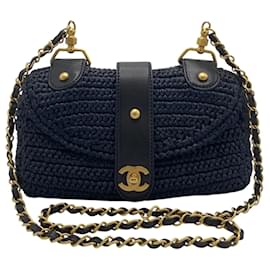 Chanel-Chanel Medium Dark Navy Straw Raffia Shoulder Bag GHW-Black,Golden,Navy blue