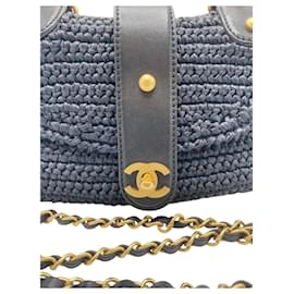 Chanel-Chanel Medium Dark Navy Straw Raffia Shoulder Bag GHW-Black,Golden,Navy blue