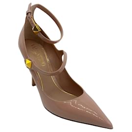 Valentino-Valentino Nude Ma Belle Rose Cannelle Rockstud Pointed Toe Tiptoe Ankle Strap 100mm Pumps-Beige