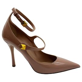 Valentino-Valentino Nude Ma Belle Rose Cannelle Rockstud Pointed Toe Tiptoe Ankle Strap 100mm Pumps-Beige