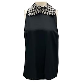 Chanel-Chanel Black 2009 Tweed Collar Sleeveless Silk Blouse-Black