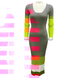 Prabal Gurung-Prabal Gurung Hot Pink Multi Long Sleeved Ribbed Knit Midi Dress-Pink