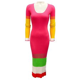 Prabal Gurung Hot Pink Mehrfarbiges Langarm-Rippstrick-Midi-Kleid Pink