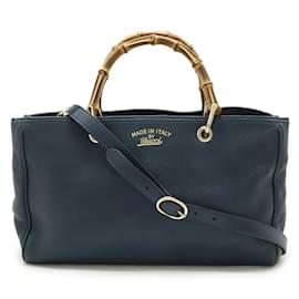 Gucci-Gucci Bamboo Shopper Medium Size Leather Tote Bag-Navy blue