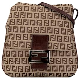 Fendi-Fendi Brown Zucchino Canvas Crossbody-Brown,Beige