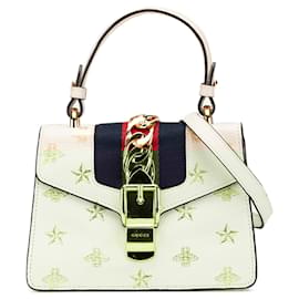 Gucci-Gucci White Mini Calfskin Bee Star Sylvie Satchel-White