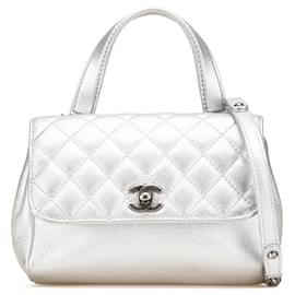 Chanel-Chanel Silver Quilted Metallic Calfskin Pilot Essentials Double Sided Flap-Silvery