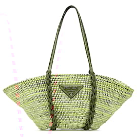 Prada-Prada Brown Vitello Trimmed Raffia Paglia Basket Bag-Brown,Beige