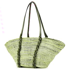 Prada-Prada Brown Vitello Trimmed Raffia Paglia Basket Bag-Brown,Beige