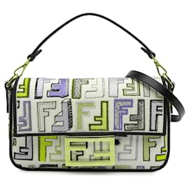 Fendi-Fendi Brown Chinese Valentines Day Mini Zucca Embroidered Canvas Baguette Satchel-Brown,Other