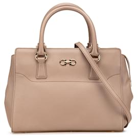 Salvatore Ferragamo-Ferragamo Brown Medium Leather Gancini Beky Satchel-Brown,Beige
